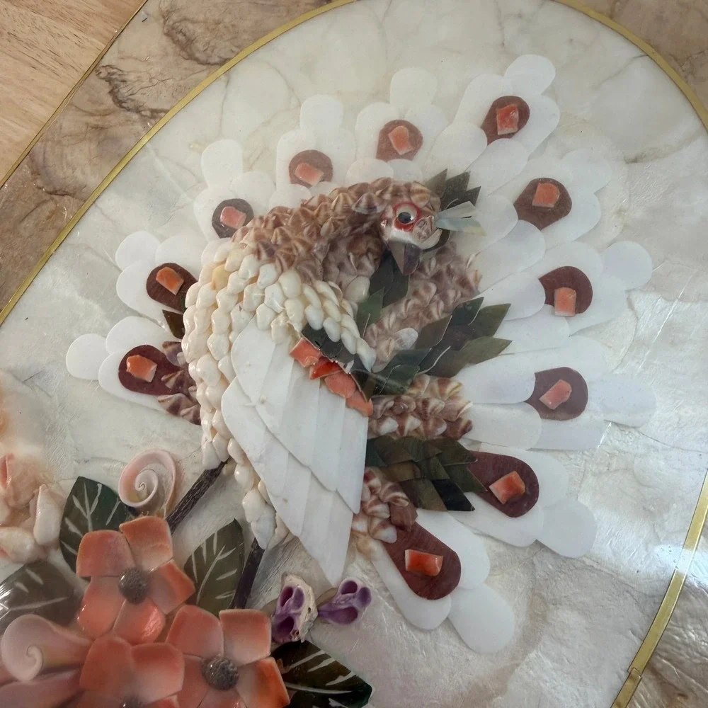 Vintage Mother of Pearl Seashell Mosaic Art Floral Peafowl Classic Wall Plaque